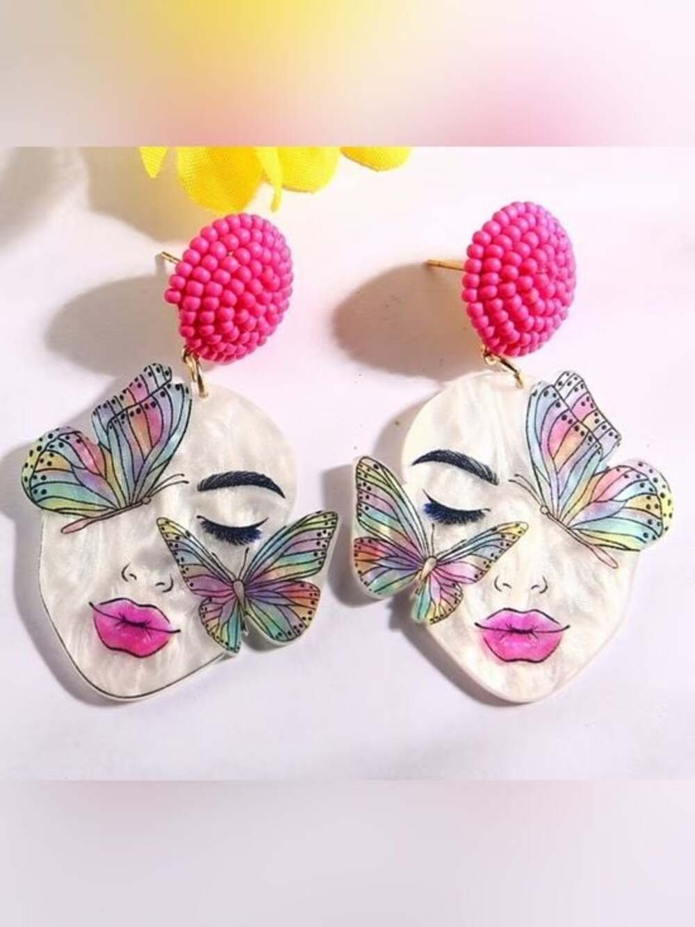 Hot Pink Beaded Butterfly Face Drop Earrings - Women Jewelry